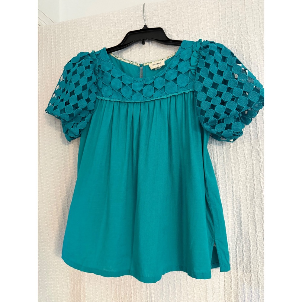 Umgee Top Women S Teal Excellent Eyelet Lace Puff Sleeve Linen Blend Babydoll